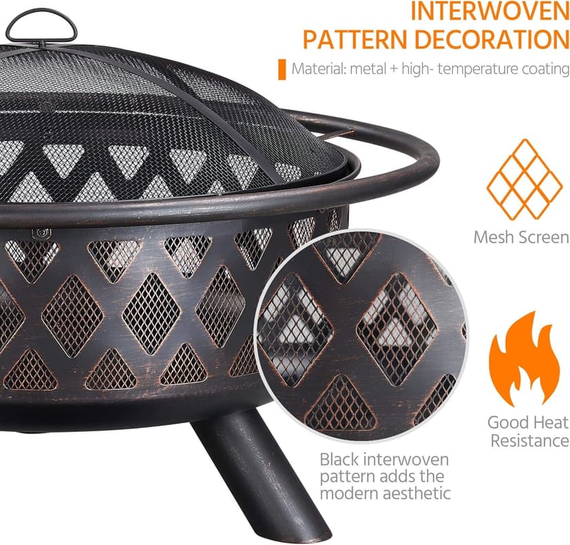 Yaheetech Fire Pit 36in Outdoor Wood Burning Fire Pits Wood Large Fire Bowl for Outside BBQ Bonfire Patio with Mesh Spark Screen, Poker and Rain Cover