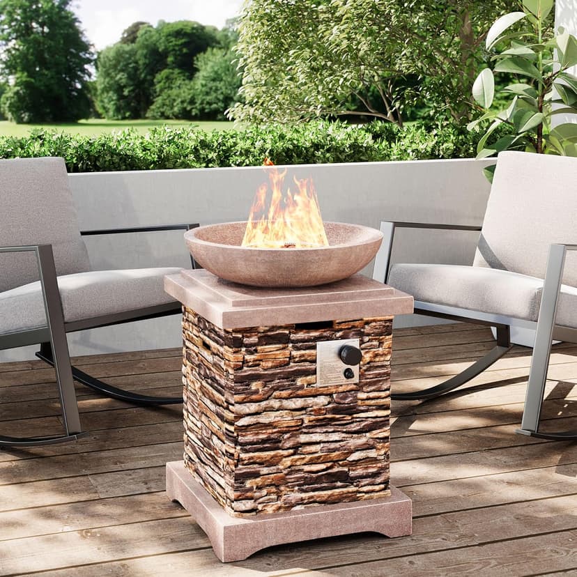 SUNBURY Outdoor Propane Fire Pit, Gas Fire Pit for Outside Patio, Stone Outdoor Fire Table Fire Column 40,000 BTU Propane Fire Tables Firepit Table w Lava Rocks, CSA Certified, Waterproof Cover