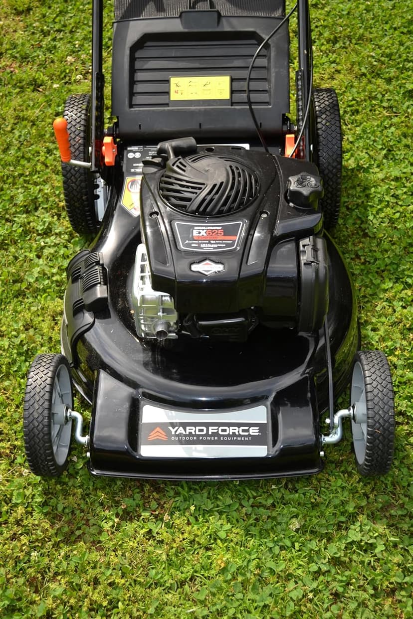 Yard Force Self Propelled Lawn Mower Briggs & Stratton 150cc Gas Engine 22-inch Steel Deck 3-in-1 Mulch, Bag, Side Discharge, 12-inch High Rear Wheels