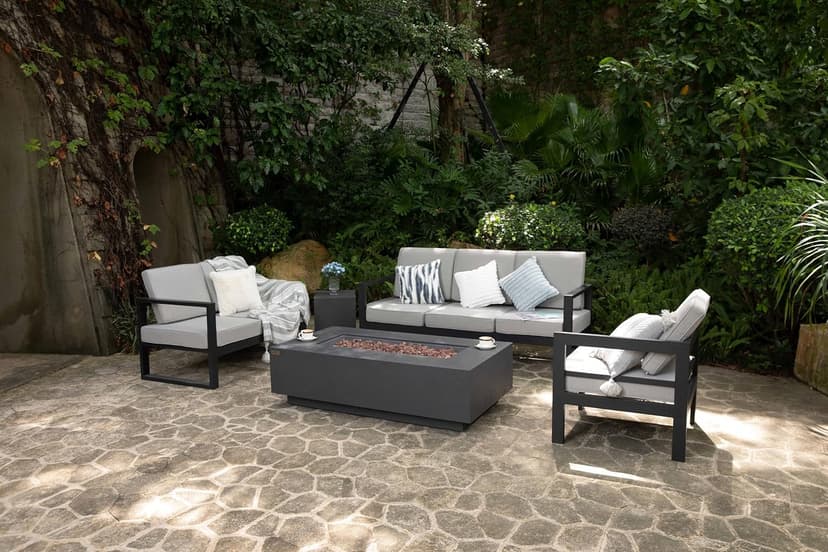 AMS Fireplace | Madison 60"x32" Rectangular Concrete Natural Gas Fire Pit Table | Dark Gray | Travertine (coarse) Texture Surface | Outdoor Patio Heater Electronic Ignition Outside Backyard Fireplace