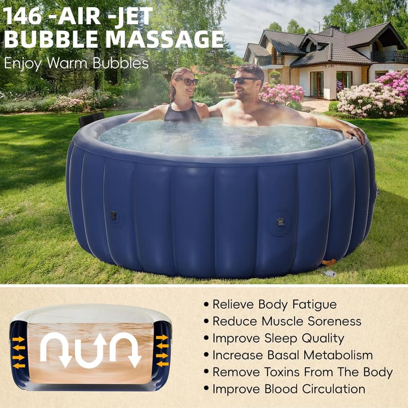 2-4 Person Inflatable Hot Tub, Portable Outdoor Spa with 146 Soothing Air Jets(73" x 28"), Portable Hot Tub with Cover and Heater Pump, Blue