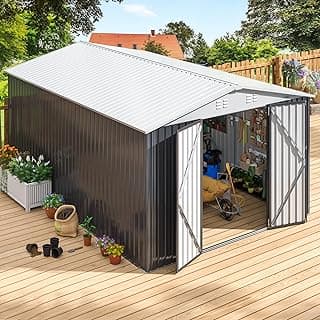Polar Aurora 10x14 FT Qutdoor Storage Shed. MetaGarden Shed with Updated Frame Structure, ToolSheds for Backyard Garden Patio Lawn White