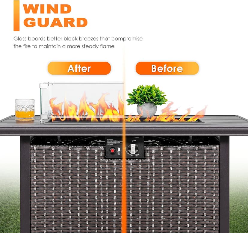Nuu Garden 27.6'' x 11.7'' x 6.5" Rectangular Fire Pit Wind Guard, Transparent Tempered Glass, Polished Aluminum Brackets, 3M Anti-Slip Pads, Fit for Best Choice 52-inch Fire Table WG01