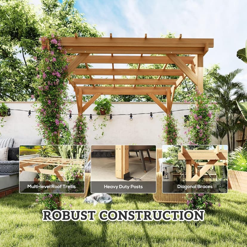 Outsunny 6.6' x 6.6' Outdoor Pergola with Stable Structure and Concrete Anchors, Wood Gazebo Grape Trellis for Climbing Plant Support, Garden, Patio, Backyard, Deck, Dark Brown