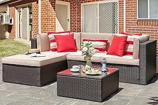 Vongrasig 5 Piece Patio Furniture Sets, All-Weather Brown PE Wicker Outdoor Couch Sectional Set, Small Conversation Set for Garden/Patio w/Ottoman, Glass Table, Red Pillow, Beige