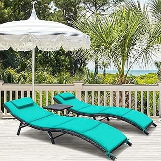 Homall 3 Pieces Patio Chaise Lounge Chair Sets Outdoor Beach Pool PE Rattan Reclining Chair with Folding Table and Cushion (Blue)