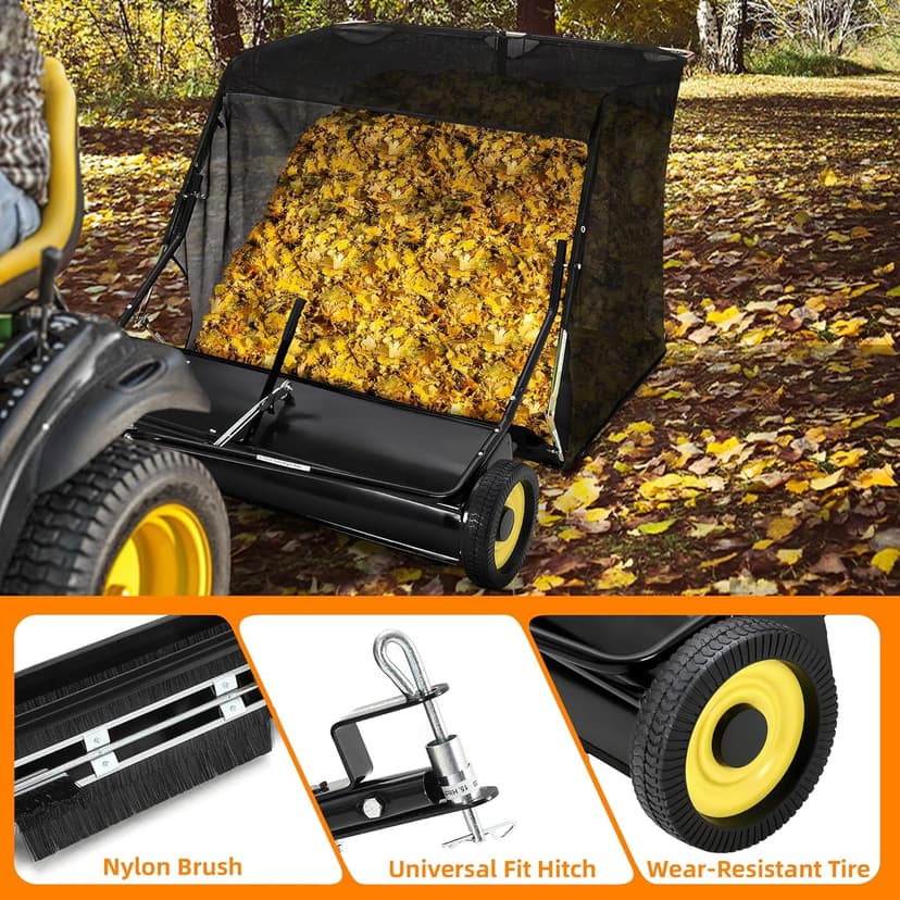 Tow Behind Lawn Sweeper, 44" Pull Behind Lawn Sweeper, Large Capacity Leaf & Grass Collector with Adjustable Sweeping Height and Dumping Rope Design for Picking Up Grass and Debris