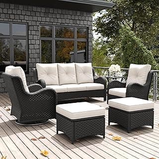 LayinSun 6 Pieces Outdoor Patio Furniture Set, Rattan Wicker Sectional Swivel Rocker Chairs Sets with Ottomans, Swivel Glider Chairs, and Coffee Table