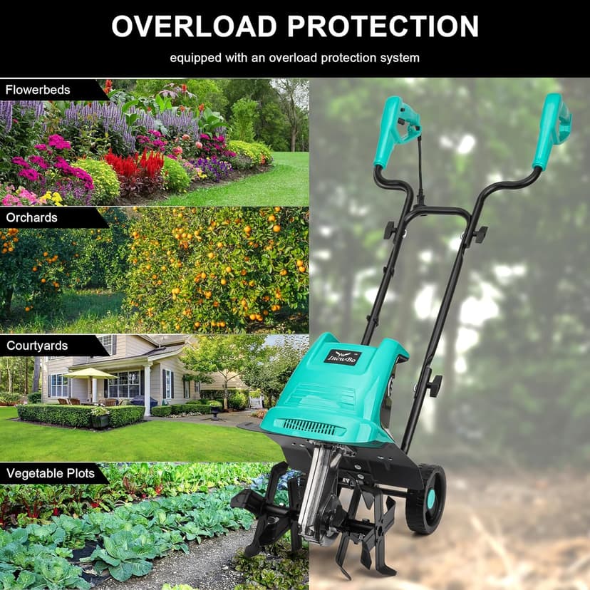 13.5 Amp 12 Inch Electric Tiller/Cultivator with 4 Steel Tines, 8'' Tilling Depth Small Garden Tiller for Gardening, Corded Rototiller with Adjustable Wheels