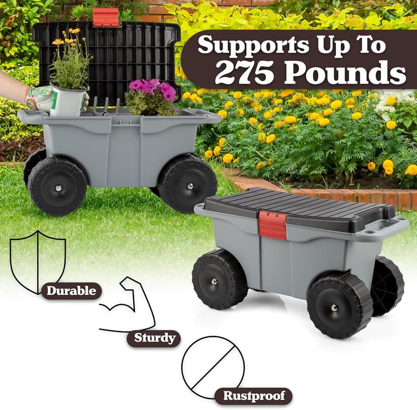 Pure Garden Rolling Garden Cart with Seat - Plastic Storage with Bench and Interior Tool Tray - Gardening Stool for Weeding and Planting (Gray)
