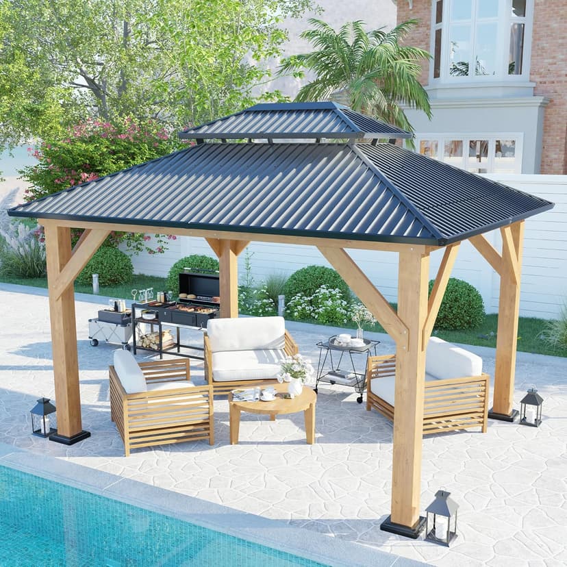 AMERLIFE 10x12 Solid Wood Gazebo, Hardtop Gazebo with Aluminum Double Roof, Outdoor Pergola with Wood Frame for Parties, Backyard, Lawns, Patio