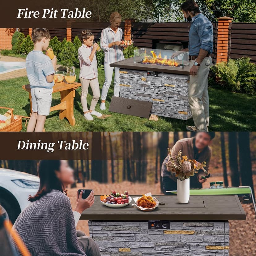 43" Propane Fire Pit Table Outdoor Rectangular Stone Firepit Table 50000 Btu Propane Fire Tables for Outside Patio with Glass Wind Guard, Lid, Fire Glass Beads, Pizzello Caldo (Gray Stone)