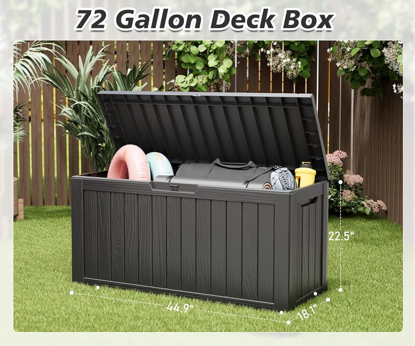 NUNU LAB 72 Gallon Outdoor Storage Box,Deck Box Resin Large Sturdy, Backyard Outside Storage Box Waterproof with Double Wall Panels,Package Delivery Box,Garden Box,Outdoor Hose Storage Bin,Tool Box