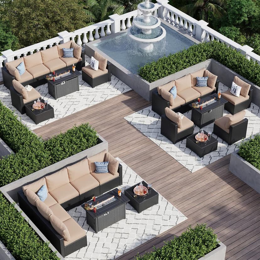 Aoxun 8 Piece Patio Furniture Set with 44” Fire Pit Table Wicker Rattan Patio Sectional Sofa Set Outdoor Seating Furniture with Thickened Cushion, Beige