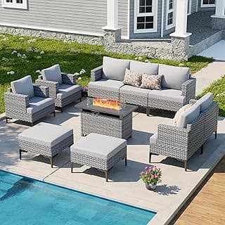 10 Piece Patio Furniture Set with 44" Fire Pit Table All Weather Outdoor Sectional with Thick Cushions Wicker Patio Conversation Set for Backyard, Deck, Garden