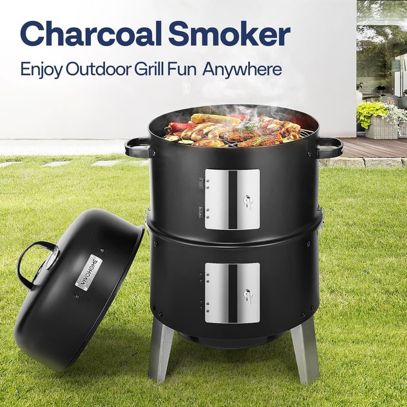VIVOHOME 3-in-1 Vertical Charcoal Smoker, BBQ Smoker Grill with Built-in Thermometer, Air Vent, and 2 Access Doors, Idea for Parties, Backyard, Barbecues