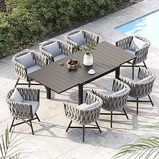 Grand patio 9-Piece Outdoor Dining Set for 8, Patio Dining Furniture Set for 8 Swivel Rope Wicker Chairs & 1 Expandable Rectangular Dining Table, Grey