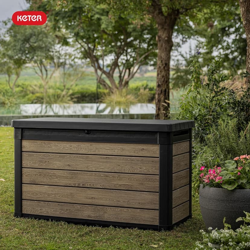 Keter Signature Collection 100 Gallon Resin Deck Box Organization and Storage Box for Patio Outdoor Cushions, Throw Pillows, Garden Tools and Pool Supplies, Ashwood