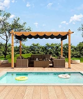 10 x 13 Ft Wood-Grain Aluminum Pergola Outdoor Pergola with Retractable Canopy Sun Shade Shelter for Garden, Patio, Backyard, Deck - Gray