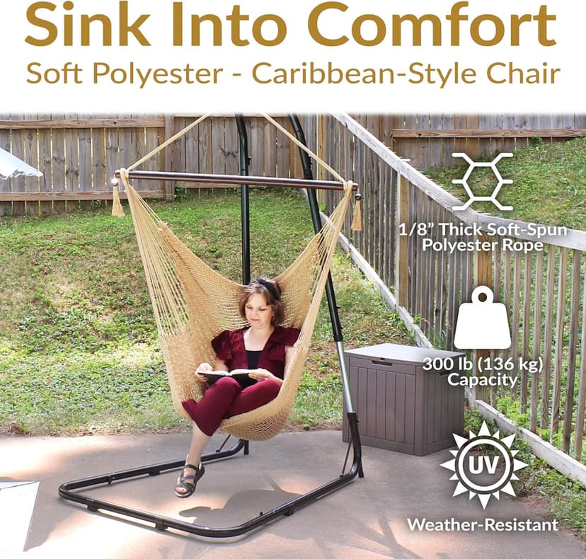 Sunnydaze Outdoor Hammock Chair Swing - Hanging Hammock Swing - Hanging Reading Chair - Soft-Spun Polyester Rope - Caribbean XL - Tan