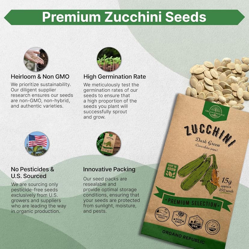 Organo Republic Dark Green Zucchini Seeds Pack 15 G - Over 150 Non-GMO Heirloom Zucchini Seeds for Planting Vegetable in Individual Seed Packet, Vegetable Seeds for Planting Indoor & Outdoor Gardening