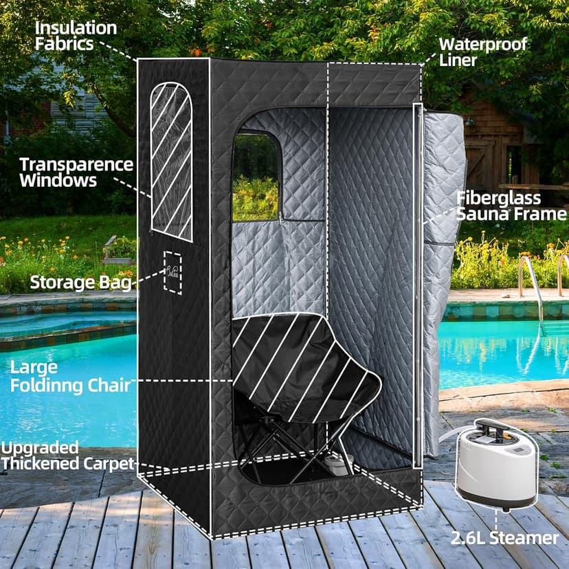 Portable Sauna for Home, Sauna Box with 2.6L Steamer, Personal Sauna with Big Sauna Chair, Remote Control, Oxford Fabric, 2.6’ x 2.6’ x 5.9’, Black, 1000W