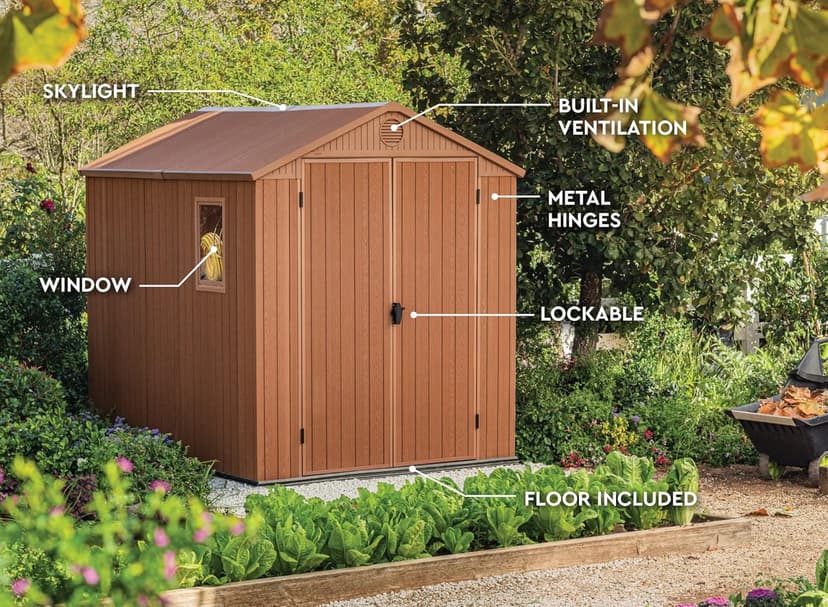 Keter Darwin 6x8 Resin Outdoor Storage Shed Kit-Perfect to Store Patio Furniture, Garden Tools Bike Accessories, Beach Chairs and Lawn Mower, Brown