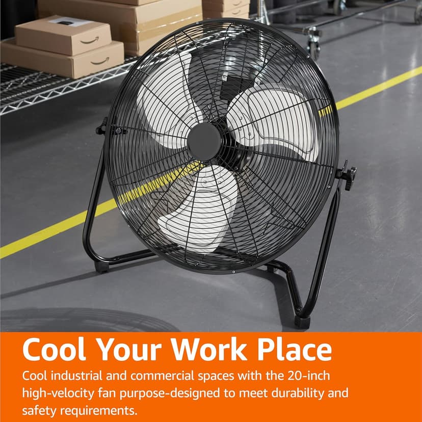 Amazon Basics 20" High Velocity Industrial Fan, Floor Fan, with 3 Speeds, Tilt Head, ETL-Listed Safety Compliance, Metal Housing/Blades, Ideal for Industrial/Commercial Space/Garage/Gym, 125W, Black