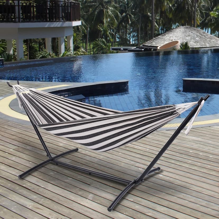 Hammock with Stand for Outside, Heavy Duty Space Saving Steel Stand with 450 lb Capacity,Double Hammock with Portable Carrying Bag, Hamacas para Adultos for Outdoors, Patio, Garden, Yard