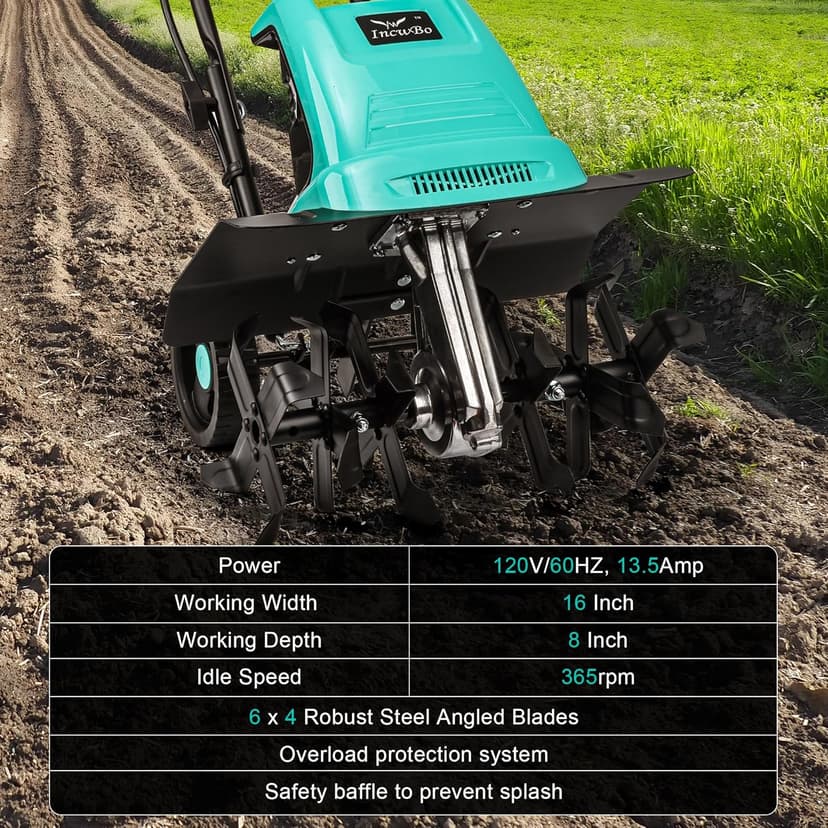 Tiller 13.5AMP Rototiller for Garden Corded Electric Tiller Garden Electric Cultivator 8Inch Depth 16Inch Width Tiller for Garden Yard