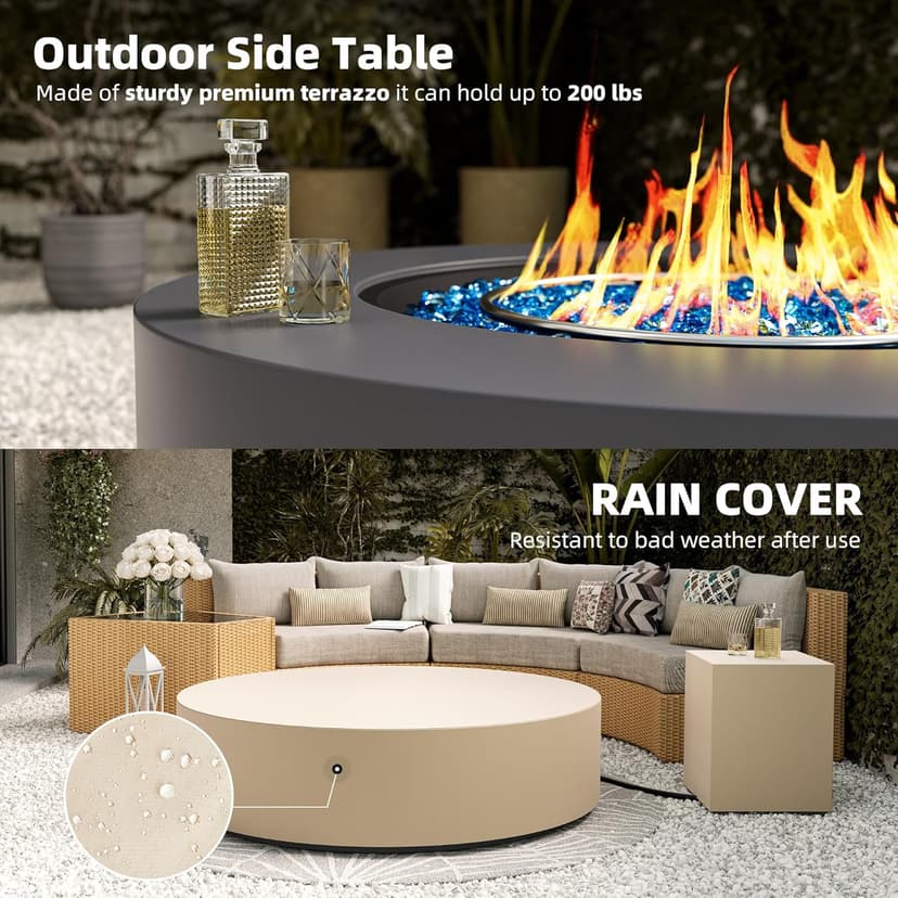 UPHA 42-inch Outdoor Propane Gas Fire Pit Table 50000 BTU Concrete Round FirePit for Outside Patio with Propane Tank Cover, Blue Glass Rocks, Rain Cover, Grey