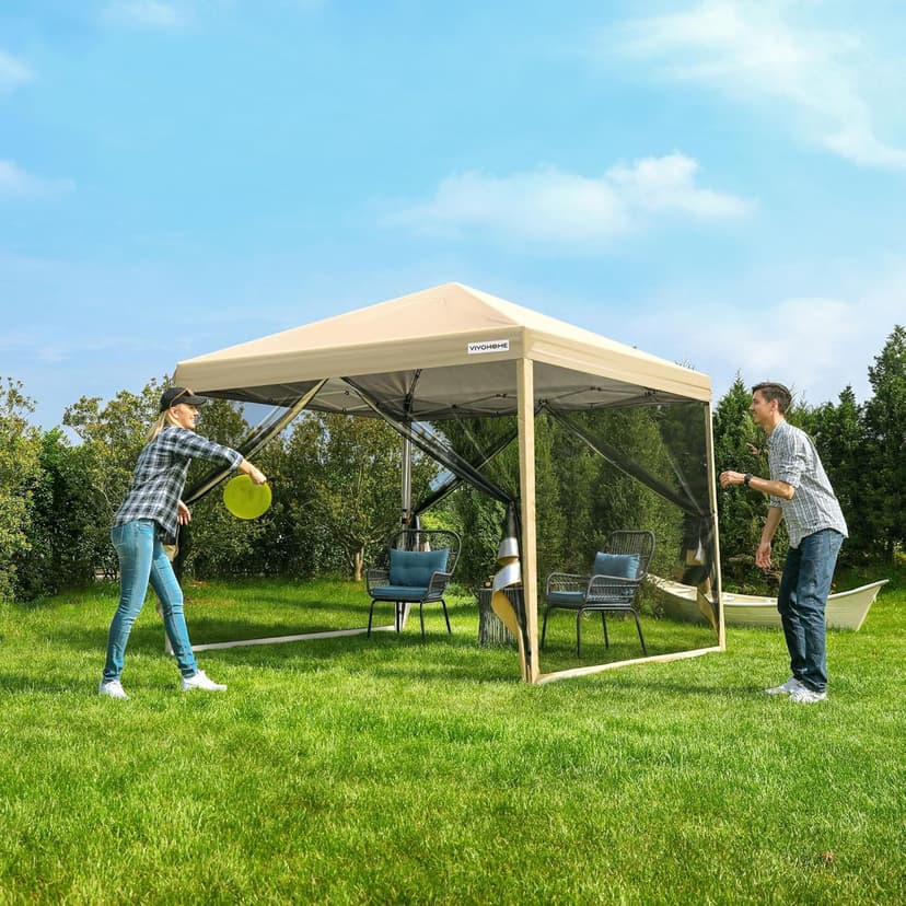 VIVOHOME 10x10ft Easy Pop-Up Canopy, Outdoor Screen Tent with Mosquito Netting, 2 Zipper Doors, and Roller Bag for Yard Camping Picnic Party Events, Beige