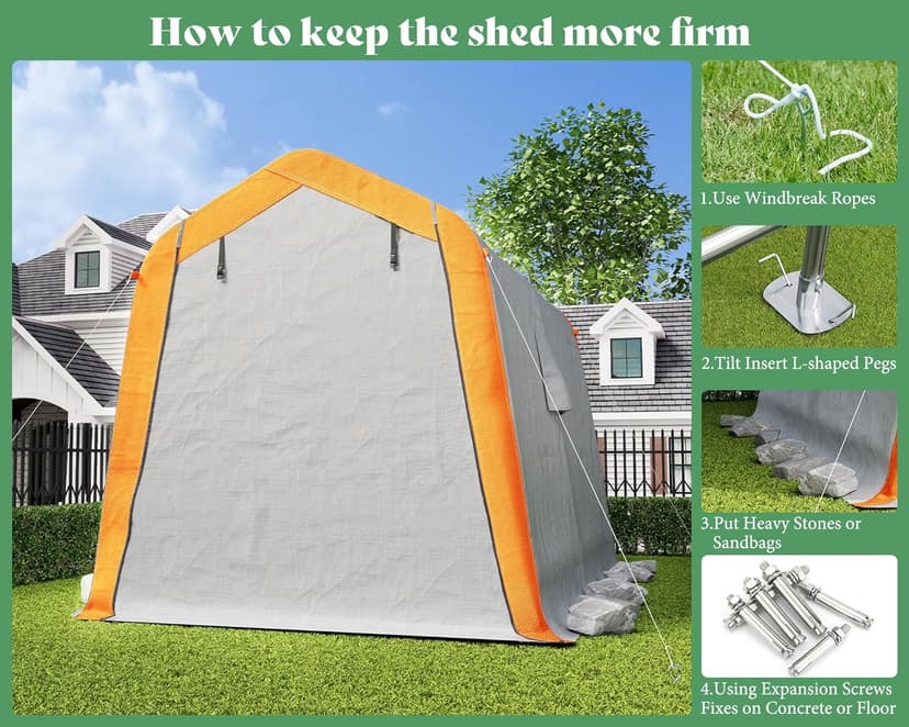 AMERLIFE 6x8x6.6 FT Heavy Duty Portable Shed Storage Shelter, Outdoor Storage Shed with 2 Waterproof Windows & Roll-up Zipper Door, Carport for Motorcycle, Bike, Grey
