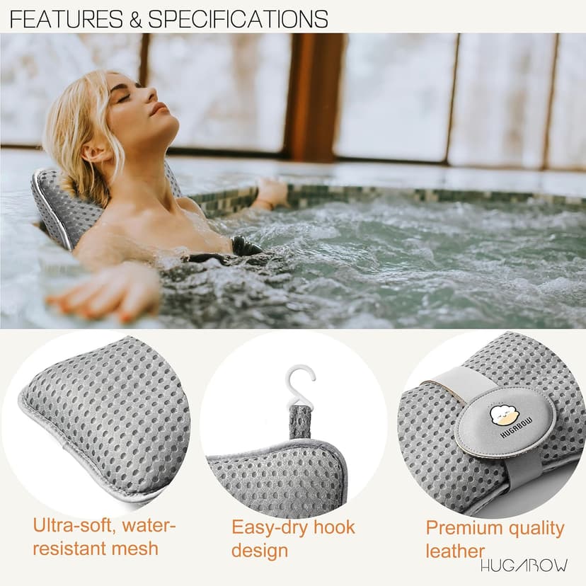 2-Pack Large Pillow for Hot Tub (Grey), Spa, and Chaise Lounge - Universal Headrest & Neck Support Cushion, Adjustable Height with Long Strap, Easy Drying with Hook (2-Pack)