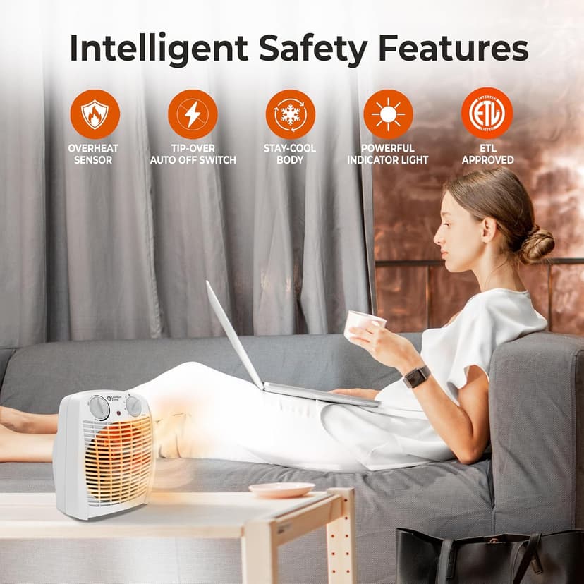 Comfort Zone Indoor Space Heater with Adjustable Thermostat, Fan Forced, Electric, Overheat Protection, Safety Tip-Over Switch, Energy Efficient, Ideal for Home, Bedroom, & Office, 1,500W, CZ45E