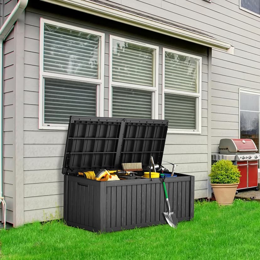 150 Gallon Lockable Resin Deck Box, Waterproof & UV-Resistant Outdoor Storage Box for Cushion Storage and Delivery, Black