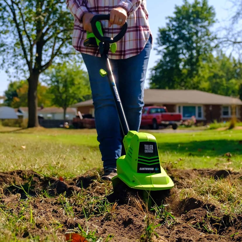 Earthwise Power Tools by ALM TC70020IT 20-Volt 7.5-Inch Cordless Electric Garden Tiller Cultivator, (2AH Battery & Fast Charger Included), Green
