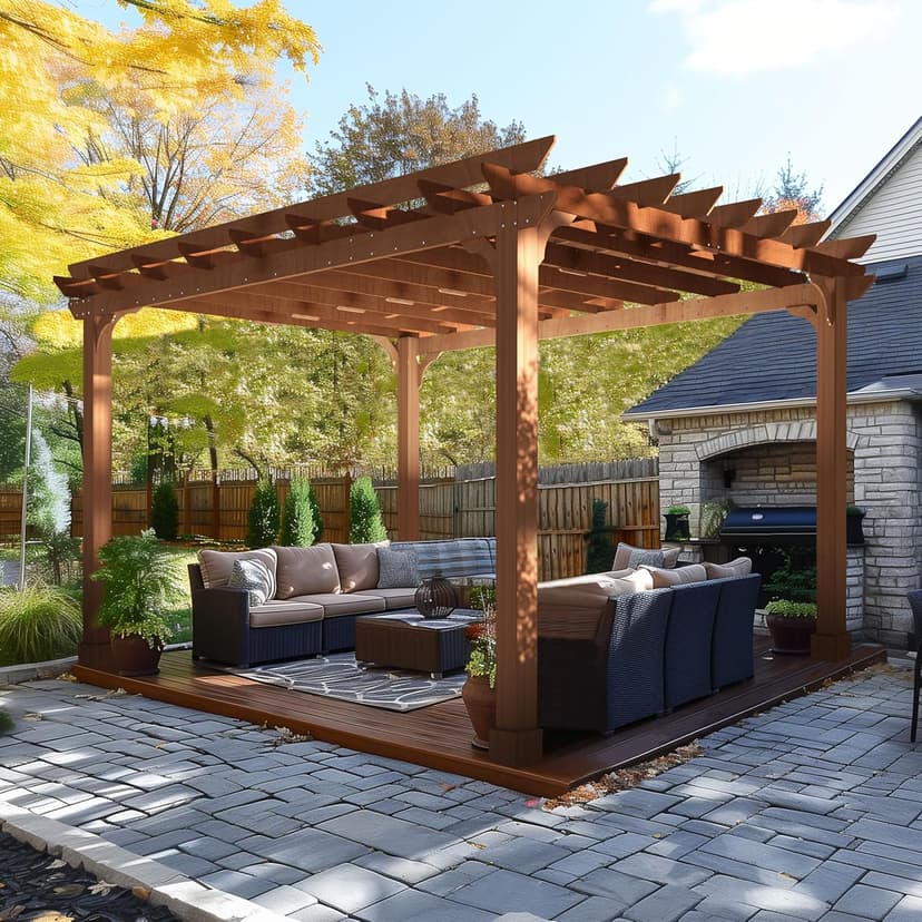12x14 FT Wooden Pergola with Flat Roof, Cedar Wood Gazebo with Stakes Included, Outdoor Garden Shelter for Patio, Deck, Backyard, Lawn