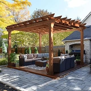 12’ x 14’ Cedar Wood Patio Pergola with Slatted Trellis Roof, Outdoor Pergola Backyard Gazebo with Solid Structure for Deck Yard Grill Party Garden
