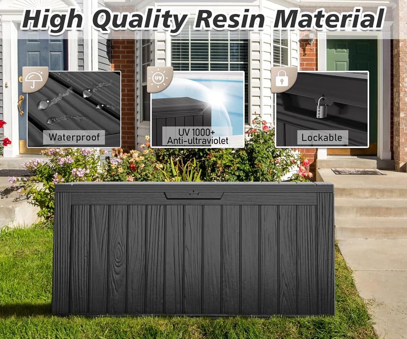NUNU LAB 72 Gallon Outdoor Storage Box,Deck Box Resin Large Sturdy, Backyard Outside Storage Box Waterproof with Double Wall Panels,Package Delivery Box,Garden Box,Outdoor Hose Storage Bin,Tool Box