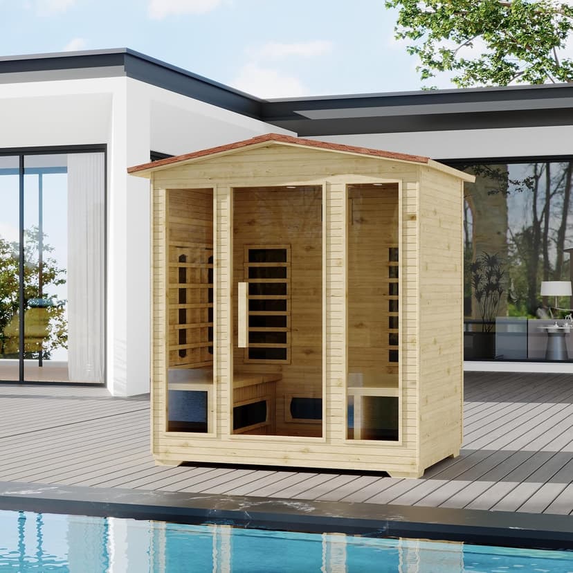 4 Person Outdoor Infrared Sauna - 3D Fast Heating Home Spa Sauna w/Chromotherapy Light, Wooden Sauna Room Kit w/Bluetooth Speaker (CE Certified,220V)
