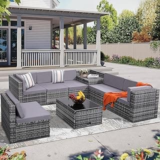 8 Piece Outdoor Wicker Patio Furniture Sectional Set, Glass Top Table with Hidden Storage, Includes 7 Seating Components, Grey Rattan with Light Grey Overstuffed Cushions