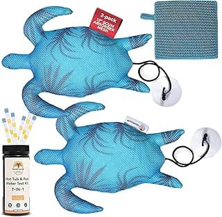 Hot Tub Scum Absorber Turtle ScumGuard Mesh - 2-Pack Oil & Scum Absorber for Spa, Hot Tub & Pool - Keeps Water Clear - Includes 100 x Hot Tub Test Strips & 2 Washable Turtle Absorbers