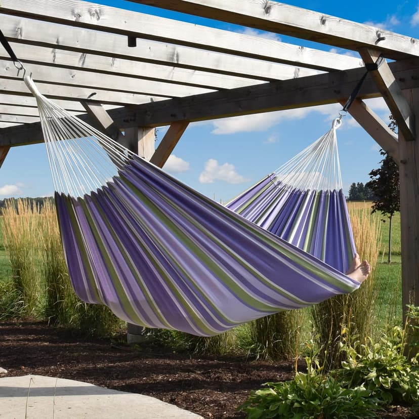 Vivere Brazilian Style Double Cotton Hammock with Polyester End Strings, 450 lb Weight Capacity (Tranquility)