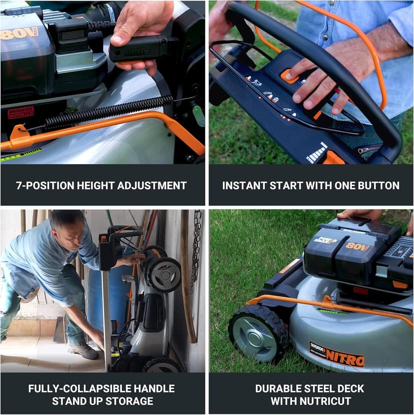 WORX Nitro 80V Cordless Lawn Mower, Electric Mower with Brushless Motor, 3-in-1 Self-Propelled Lawn Mower WG761-4 Batteries & Basecamp Charger Included