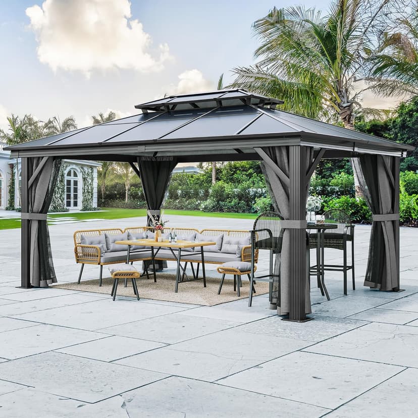 YITAHOME 12x16FT Gazebo Polycarbonate Top Double Roof Canopy Outdoor with Netting and Shaded Curtains, Aluminum Frame Hardtop Garden Tent for Patio, Backyard, Deck and Lawns, Grey