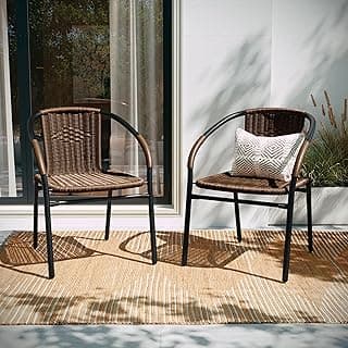 EMMA + OLIVER 2 Pack Medium Brown Rattan Indoor-Outdoor Restaurant Stack Chair with Curved Back