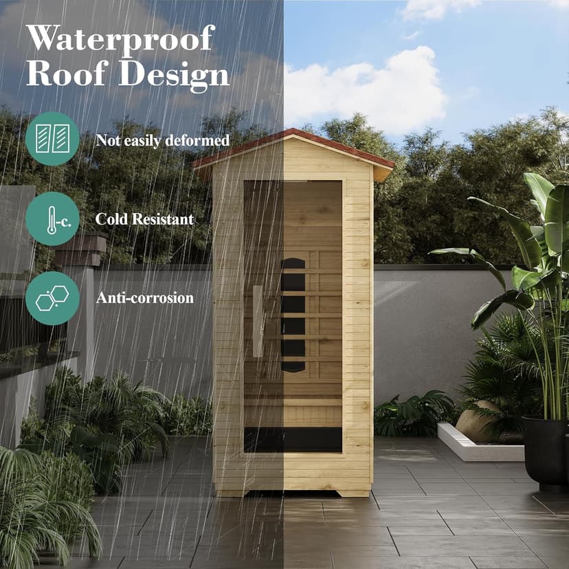 1 Person Outdoor Infrared Sauna - 3D Fast Heating Home Spa Sauna w/Chromotherapy Light, Wooden Sauna Room Kit w/Bluetooth Speaker (CE Certified,110V)