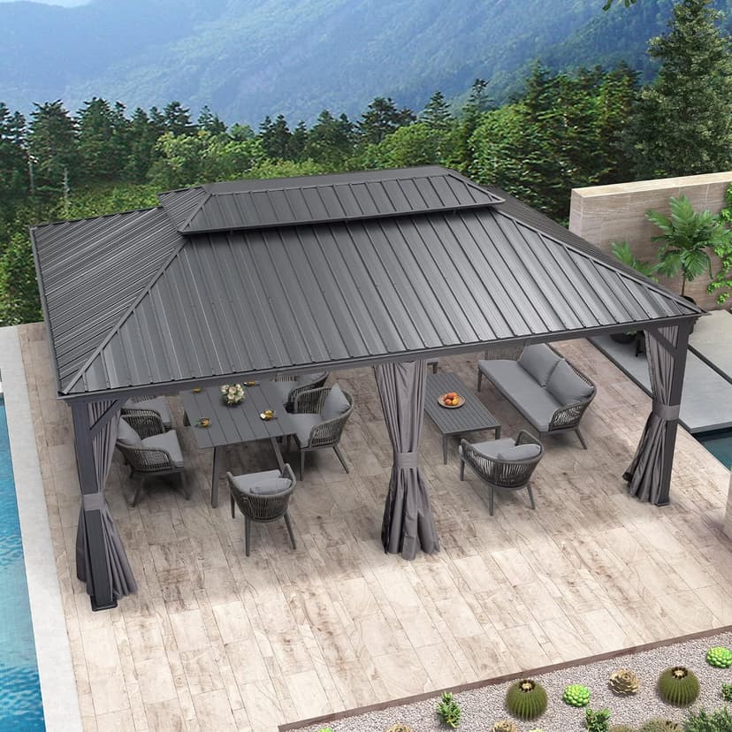 PURPLE LEAF 12' X 20' Permanent Hardtop Gazebo Aluminum Gazebo with Galvanized Steel Double Roof for Patio Lawn and Garden, Curtains and Netting Included, Grey