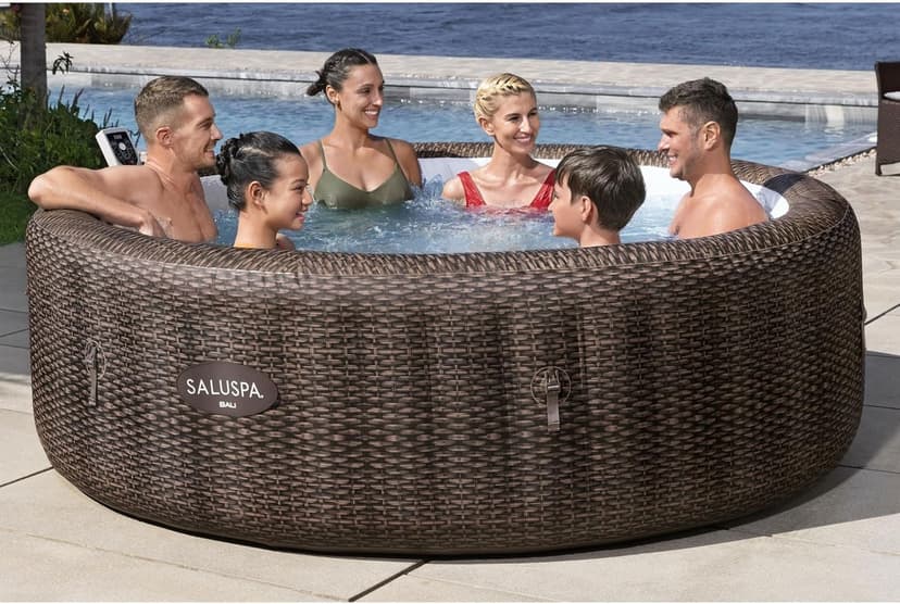 Bestway SaluSpa Bali Smart AirJet Inflatable Hot Tub Round Portable 5-7 Person Spa with 180 AirJets, App Control and EnergySense Cover, Brown Rattan